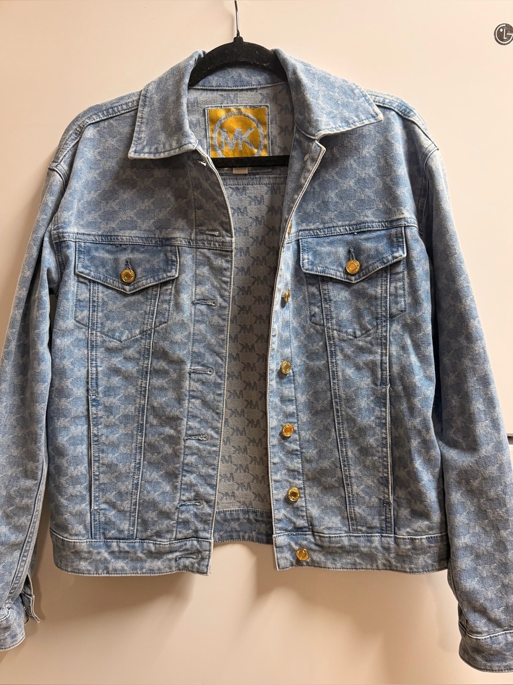 Michael Kors Light Blue Logo-Print Denim Jacket with Gold Hardware